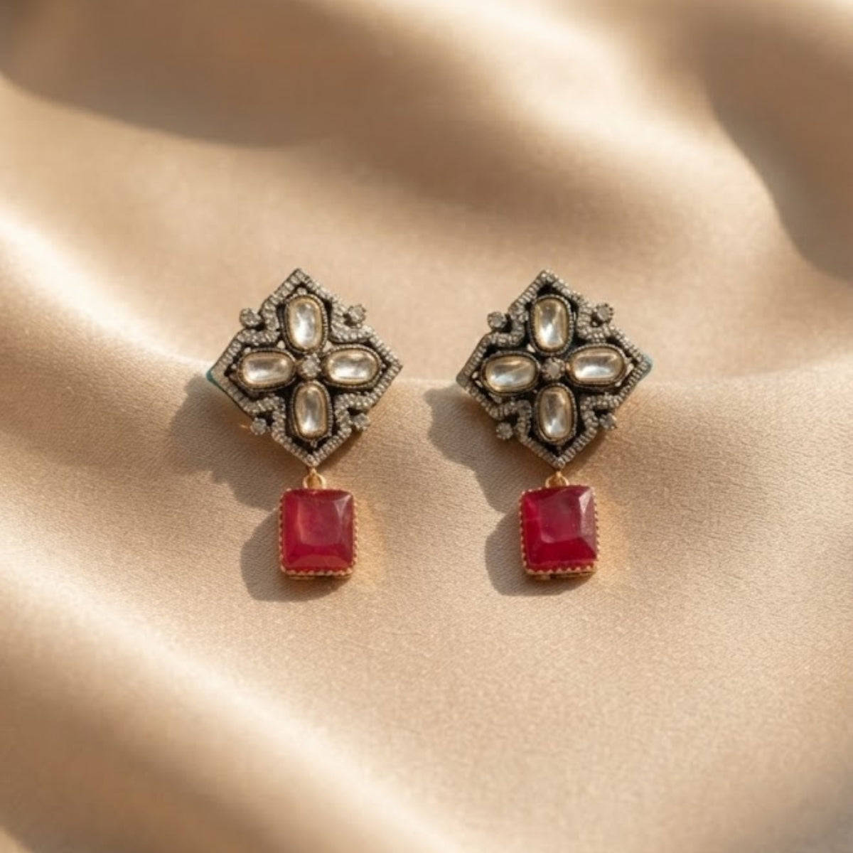 Bhavmayi Antique Gold Polki Kundan Necklace Set with Crimson Ruby Red Gemstone Drops and Matching Earrings