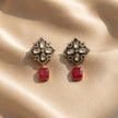 Bhavmayi Antique Gold Polki Kundan Necklace Set with Crimson Ruby Red Gemstone Drops and Matching Earrings