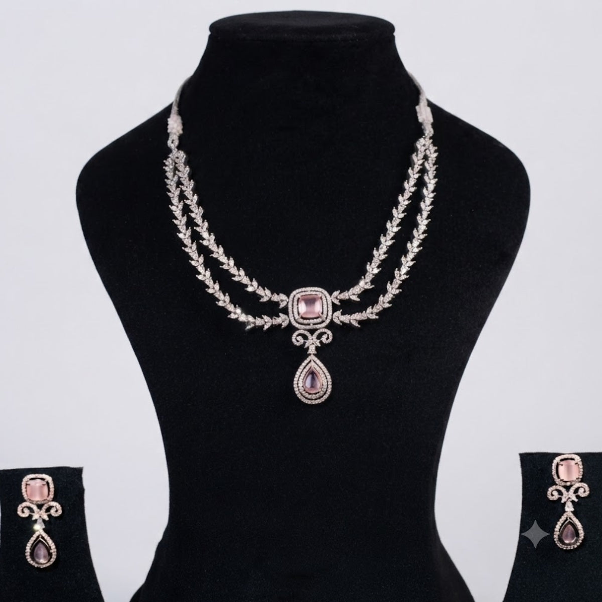 Bhavmayi Royal Diamonds and Blush Pink Cushion Stone Necklace Set with Pink Teardrop & Cushion Stone  Diamond Style Statement Earrings