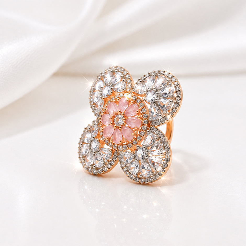 Bhavmayi Silver-Tone Pink Floral Crystal Ring