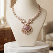 Bhavmayi Rose Gold Blushing Pink Pave & Uncut Kundan Polki Teardrop Pendant Style Necklace Set with Matching Statement Drop Earrings