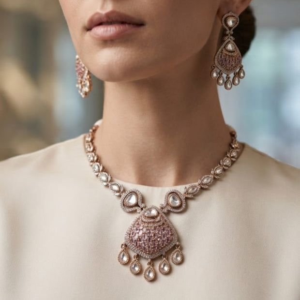 Bhavmayi Rose Gold Blushing Pink Pave & Uncut Kundan Polki Teardrop Pendant Style Necklace Set with Matching Statement Drop Earrings