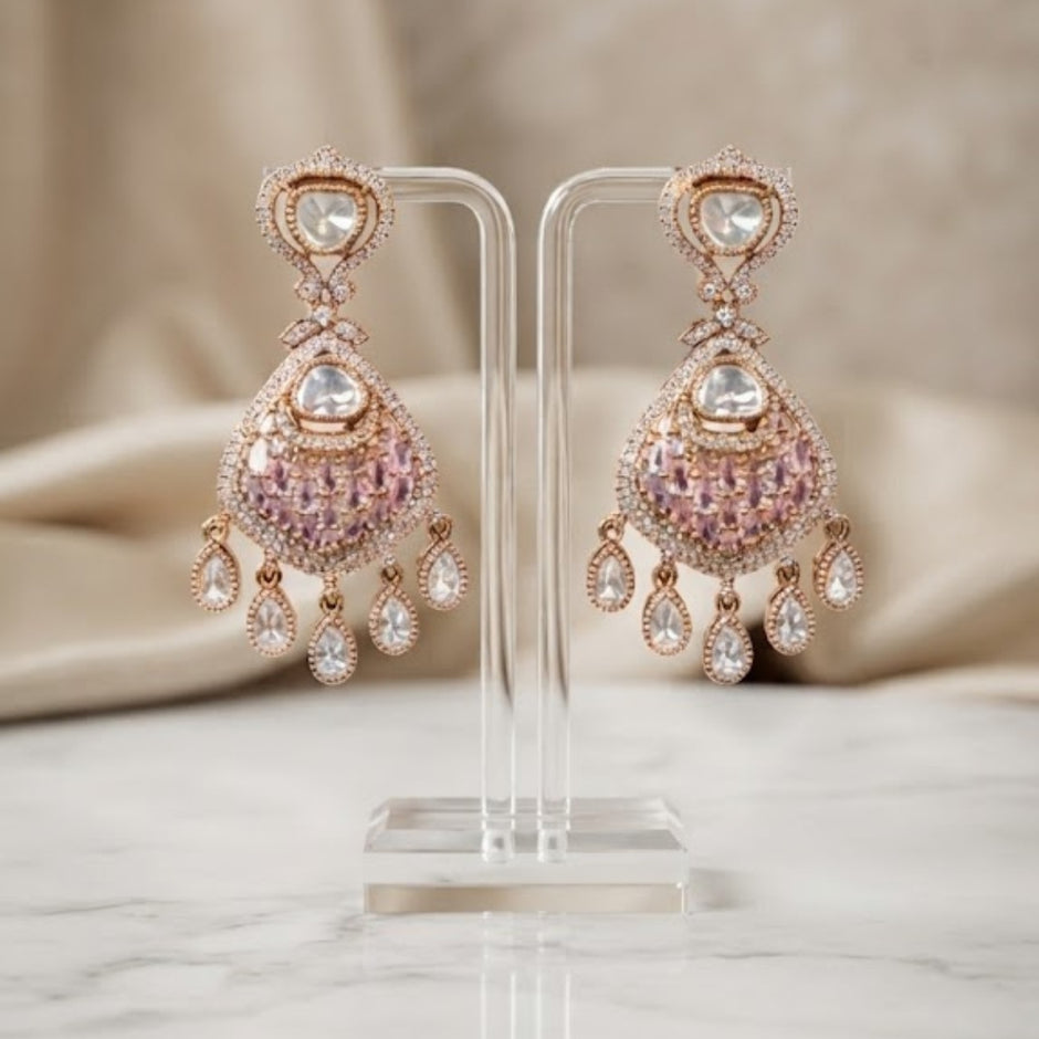 Bhavmayi Rose Gold Blushing Pink Pave & Uncut Kundan Polki Teardrop Pendant Style Necklace Set with Matching Statement Drop Earrings