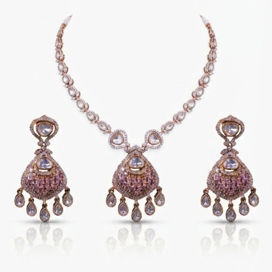 Bhavmayi Rose Gold Blushing Pink Pave & Uncut Kundan Polki Teardrop Pendant Style Necklace Set with Matching Statement Drop Earrings