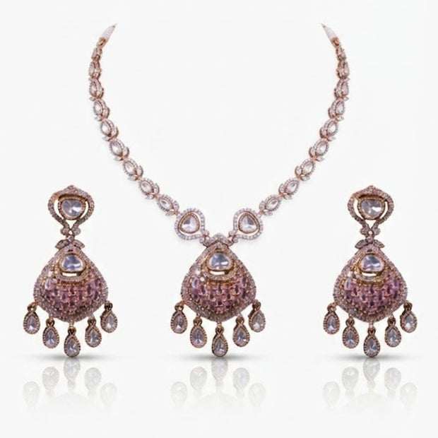 Bhavmayi Rose Gold Blushing Pink Pave & Uncut Kundan Polki Teardrop Pendant Style Necklace Set with Matching Statement Drop Earrings