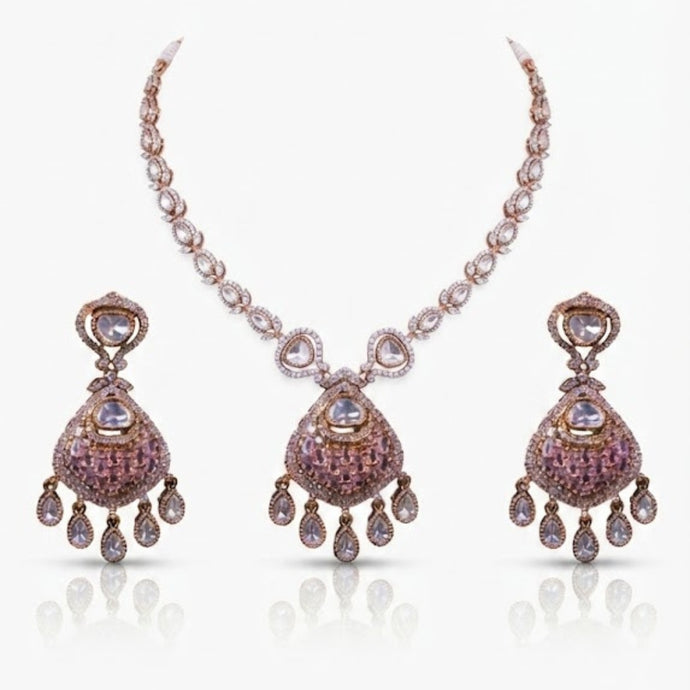 Bhavmayi Rose Gold Blushing Pink Pave & Uncut Kundan Polki Teardrop Pendant Style Necklace Set with Matching Statement Drop Earrings