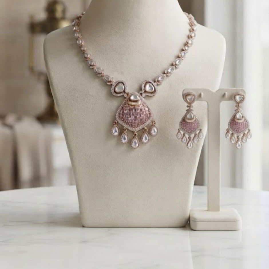 Bhavmayi Rose Gold Blushing Pink Pave & Uncut Kundan Polki Teardrop Pendant Style Necklace Set with Matching Statement Drop Earrings