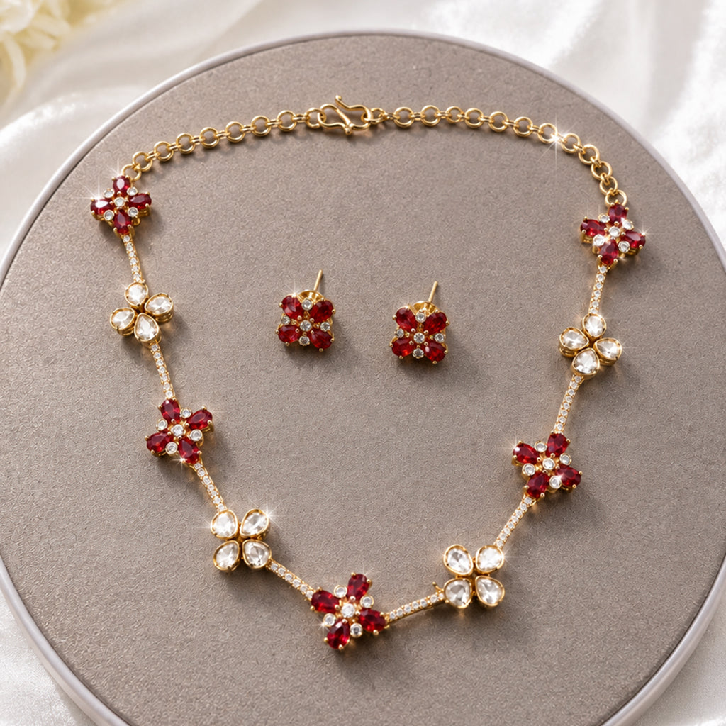 Bhavmayi Ruby Red Floral Necklace Set