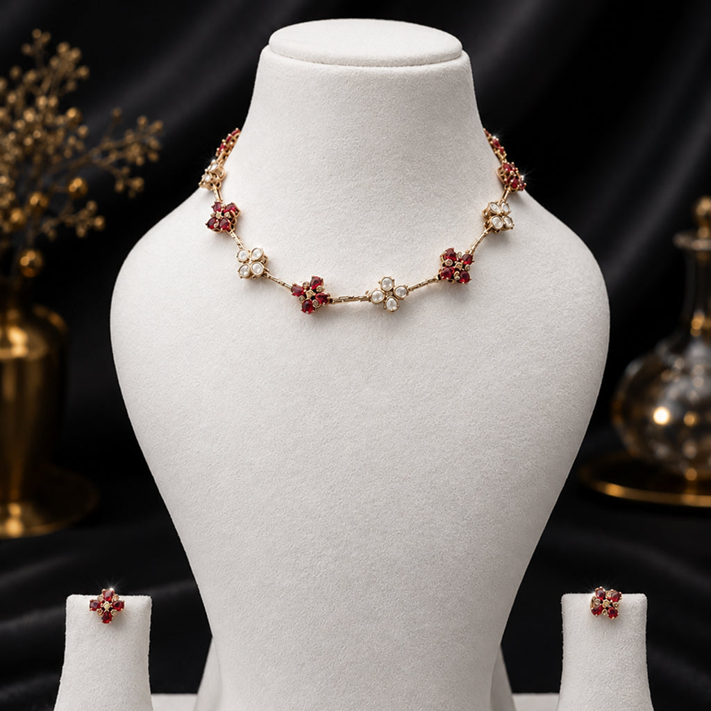 Bhavmayi Ruby Red Floral Necklace Set