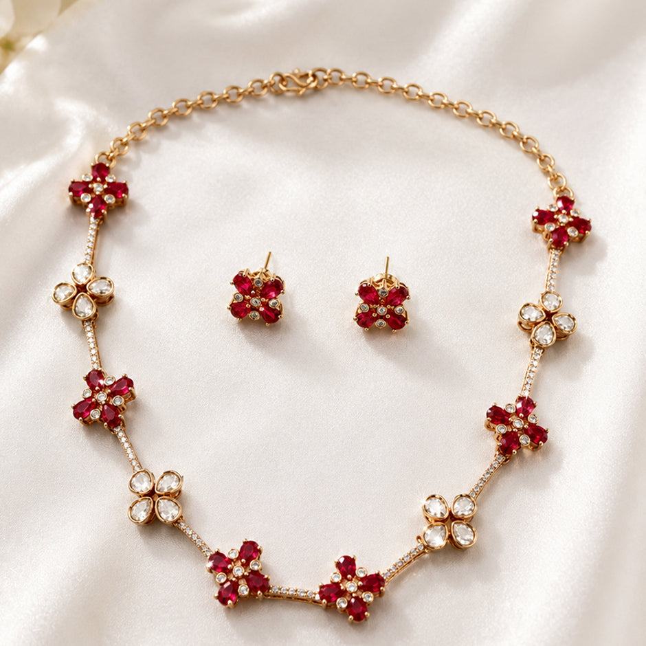Bhavmayi Ruby Red Floral Necklace Set
