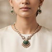 Bhavmayi Rose Gold Blushing Pink Pave & Uncut Kundan Polki Teardrop Pendant Style Necklace Set with Matching Statement Drop Earrings