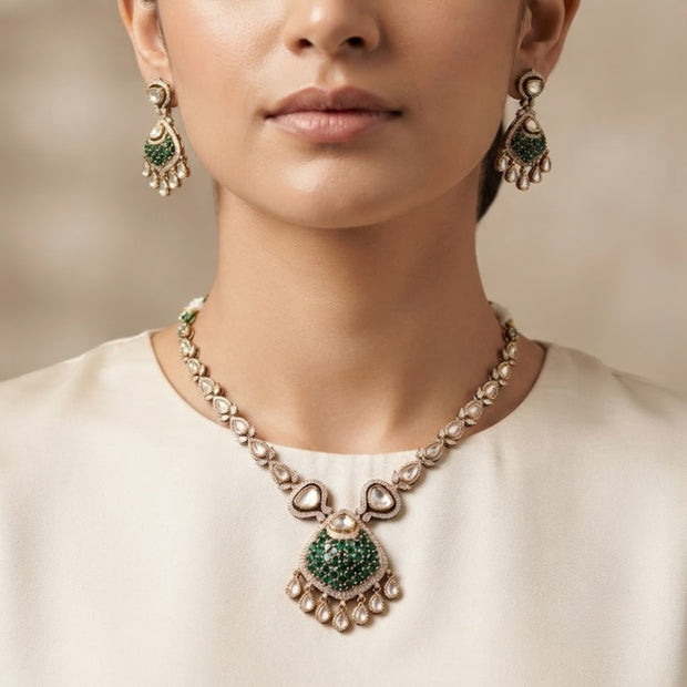 Bhavmayi Rose Gold Blushing Pink Pave & Uncut Kundan Polki Teardrop Pendant Style Necklace Set with Matching Statement Drop Earrings