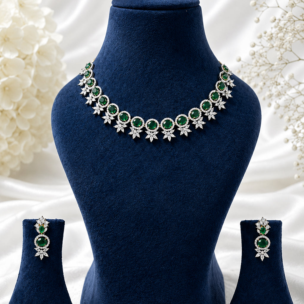 Bhavmayi Elegant Green Emerald CZ Necklace & Earring Set