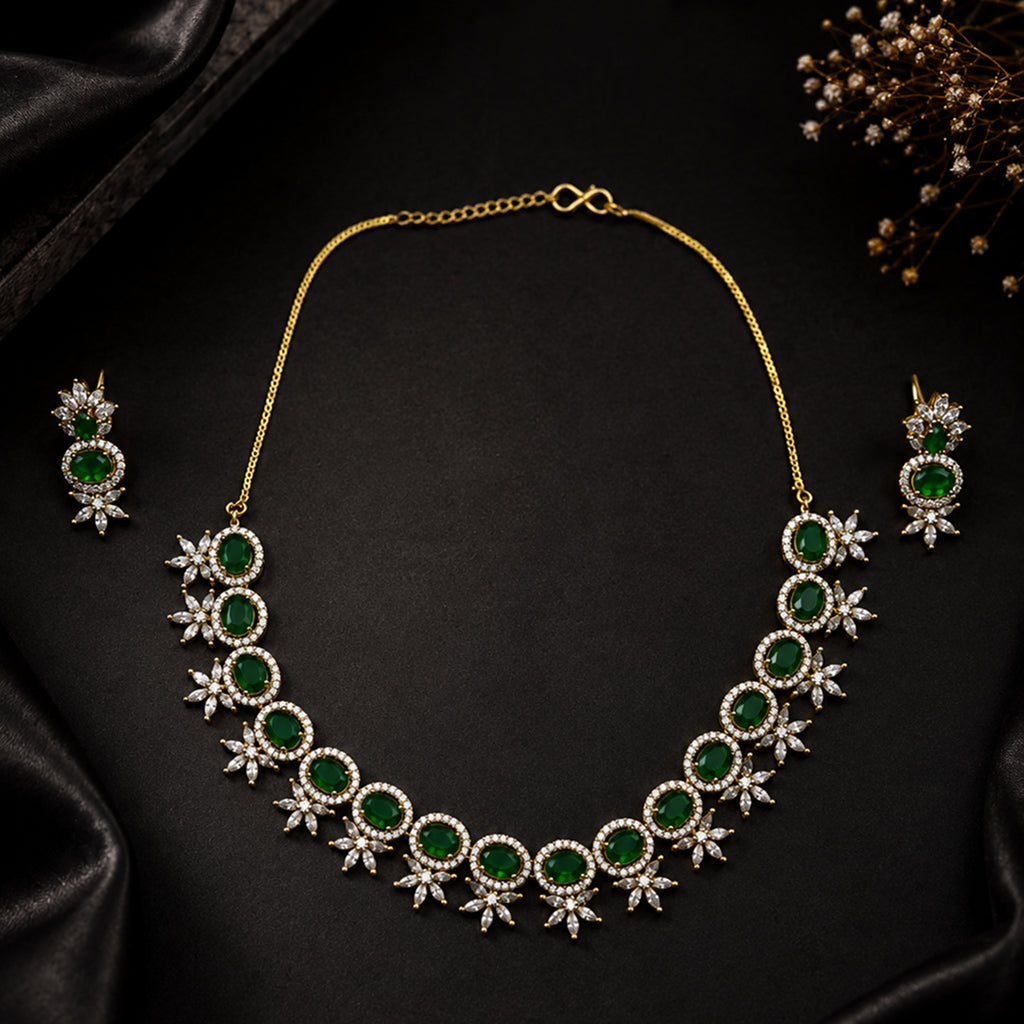 Bhavmayi Elegant Green Emerald CZ Necklace & Earring Set