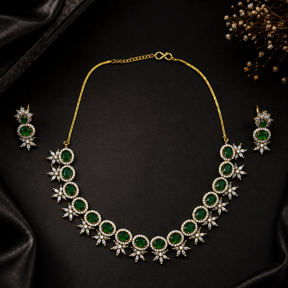 Bhavmayi Elegant Green Emerald CZ Necklace & Earring Set