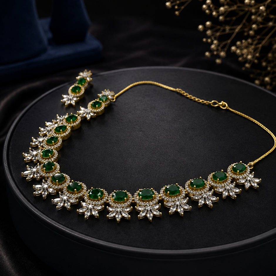 Bhavmayi Elegant Green Emerald CZ Necklace & Earring Set