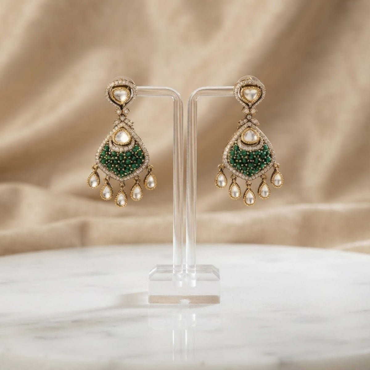 Bhavmayi Rose Gold Blushing Pink Pave & Uncut Kundan Polki Teardrop Pendant Style Necklace Set with Matching Statement Drop Earrings