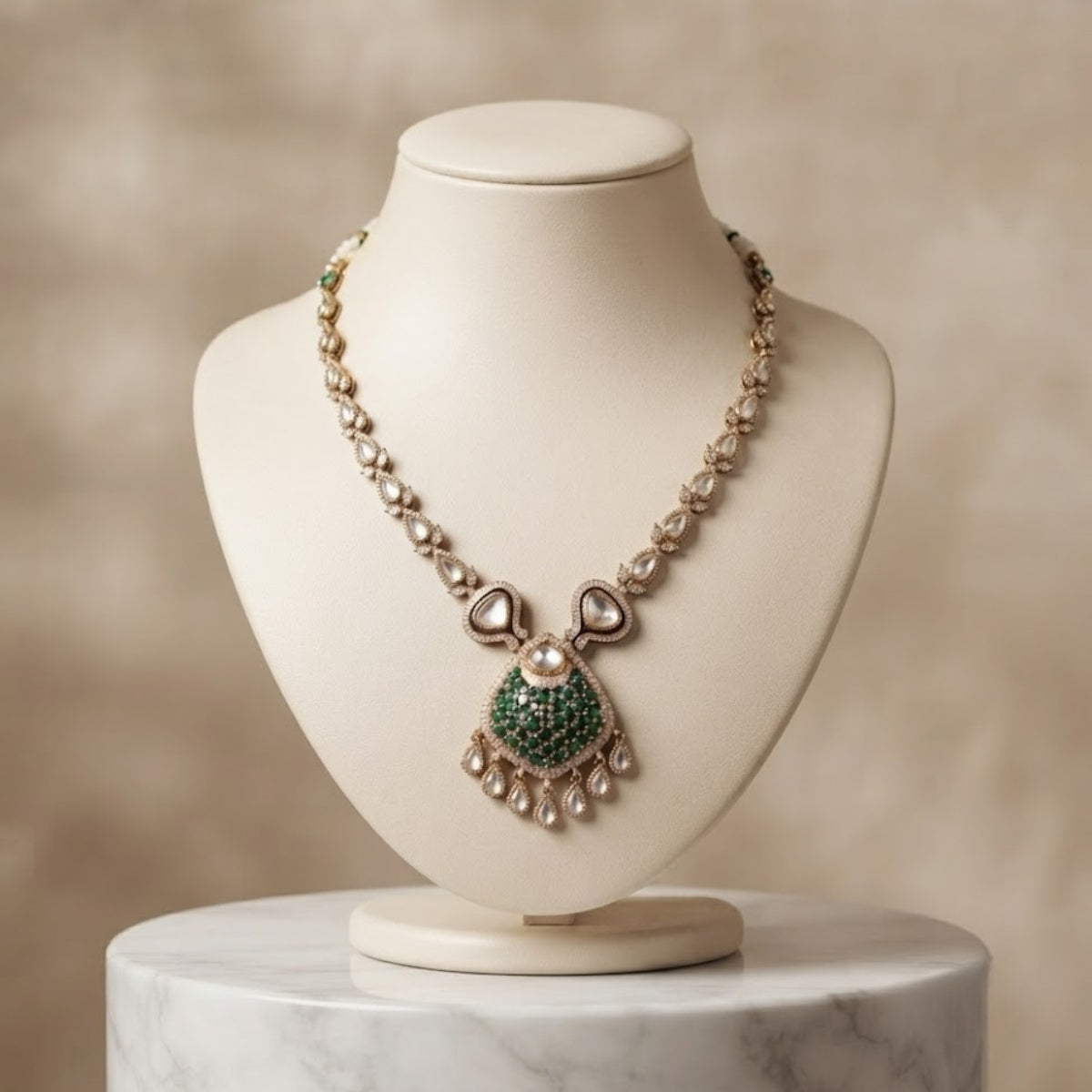 Bhavmayi Rose Gold Blushing Pink Pave & Uncut Kundan Polki Teardrop Pendant Style Necklace Set with Matching Statement Drop Earrings