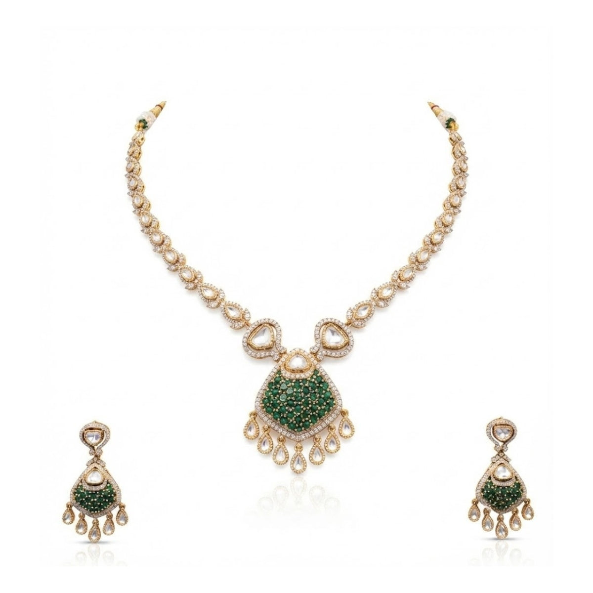 Bhavmayi Rose Gold Blushing Pink Pave & Uncut Kundan Polki Teardrop Pendant Style Necklace Set with Matching Statement Drop Earrings