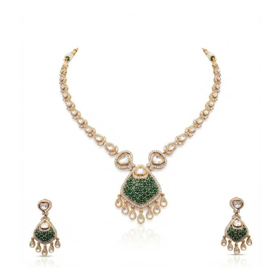 Bhavmayi Rose Gold Blushing Pink Pave & Uncut Kundan Polki Teardrop Pendant Style Necklace Set with Matching Statement Drop Earrings