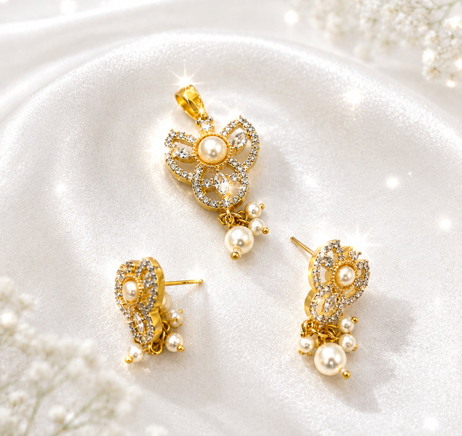 Bhavmayi Gold-Plated Pearl Pendant & Earrings Set