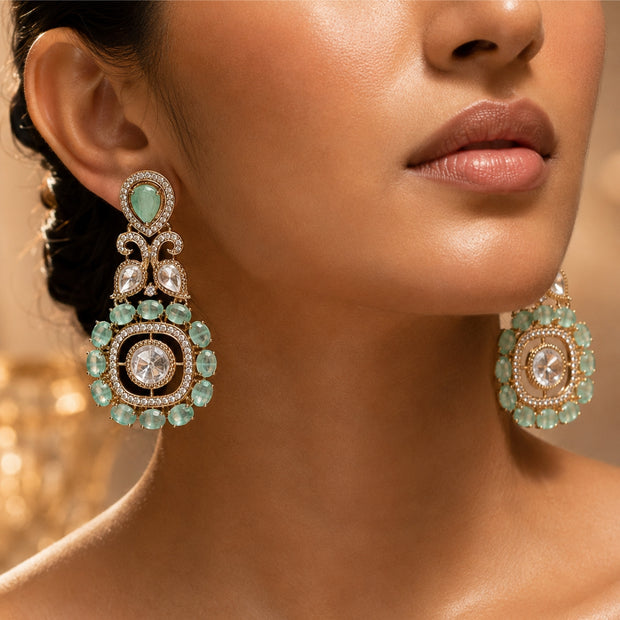Bhavmayi Gold Plated Mint Green Quartz & Clear Crystal Kundan Medallion Chandelier Earrings