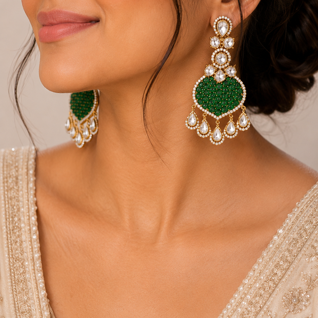 Bhavmayi Gold Plated Emerald Green Pave Shield Chandelier Earrings with Halo-Set Teardrop Dangles