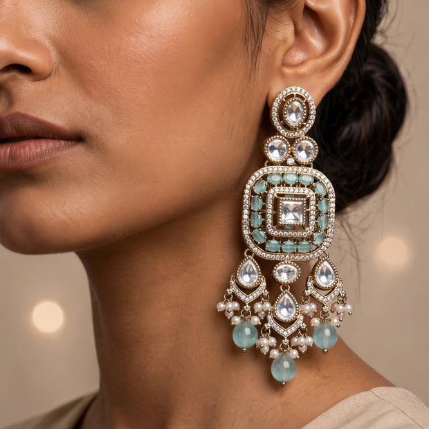 Bhavmayi Antique Gold Mint Green Cats-Eye Gemstone & Uncut Polki Kundan Statement Earrings with Seed Pearl Clusters