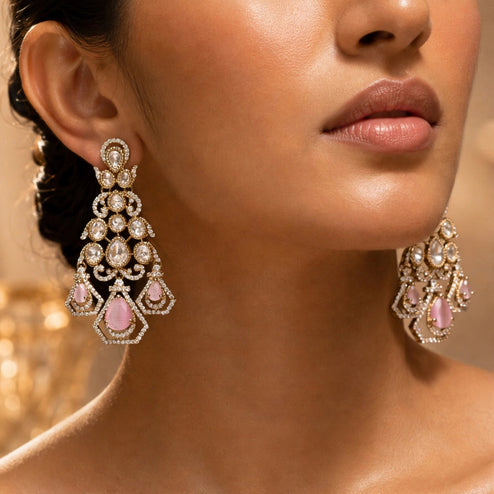 Bhavmayi Gold-Plated Blush Pink Rose Quartz Gemstone & Uncut Polki Kundan Tiered Chandelier Earrings