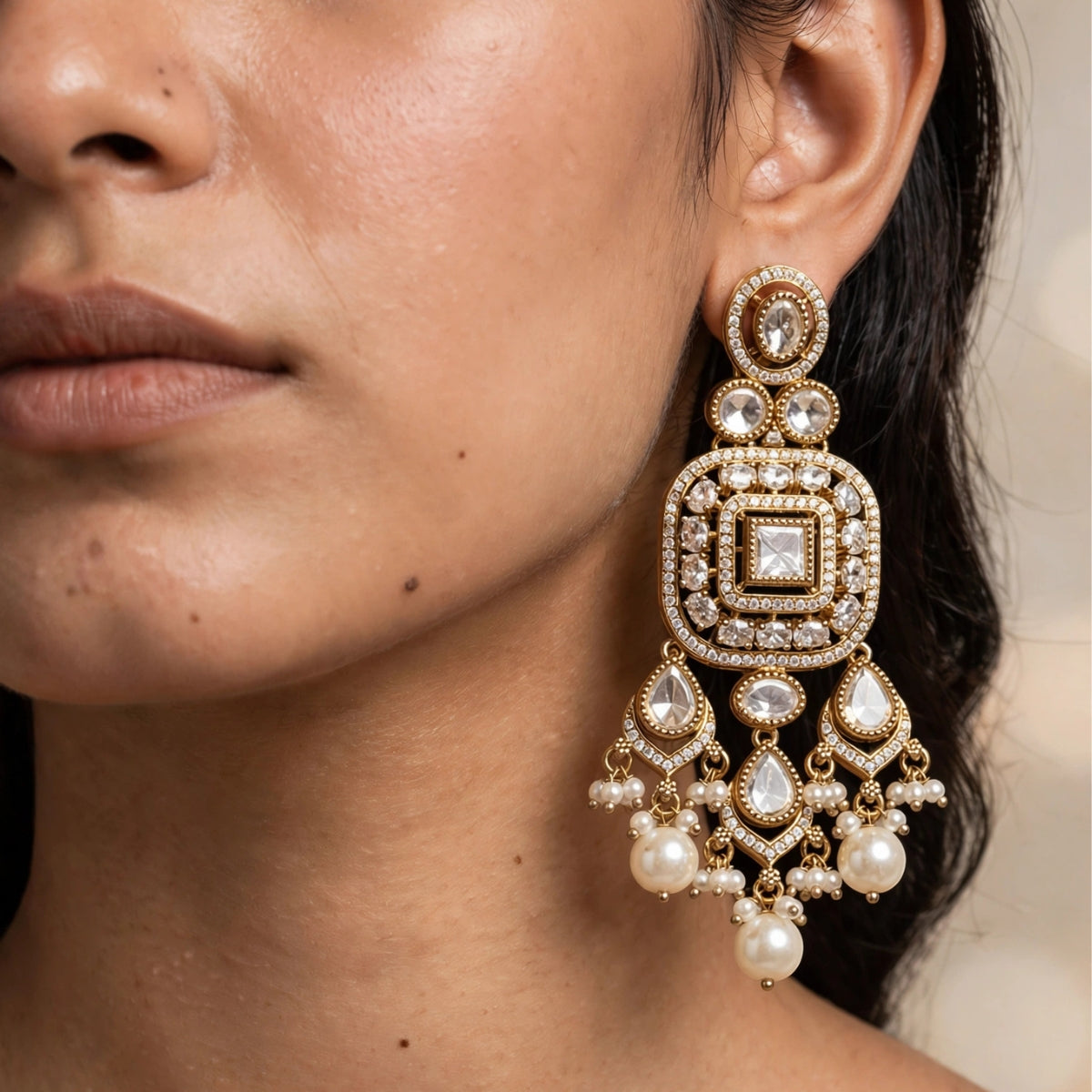 Bhavmayi Antique Gold Mint Green Cats-Eye Gemstone & Uncut Polki Kundan Statement Earrings with Seed Pearl Clusters