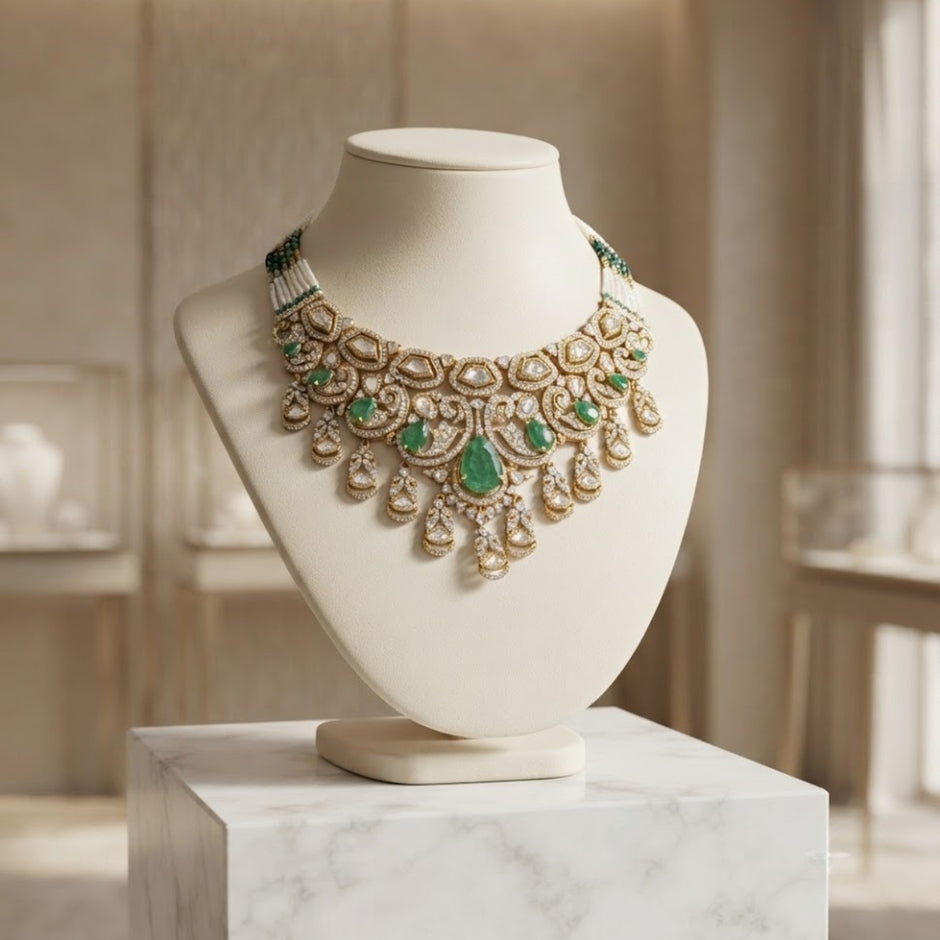 Bhavmayi Heritage Antique Gold Choker Necklace with Pear Cut Emeralds & Uncut Polki Kundan Drops Accent with Pearl Strands