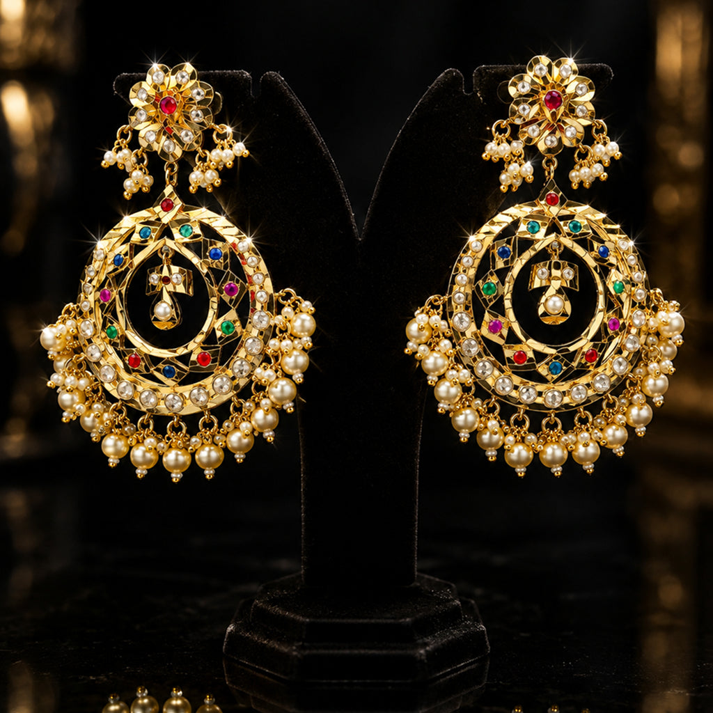 Bhavmayi Gold-Plated Multicolor Kundan Pearl Jhumka Earrings