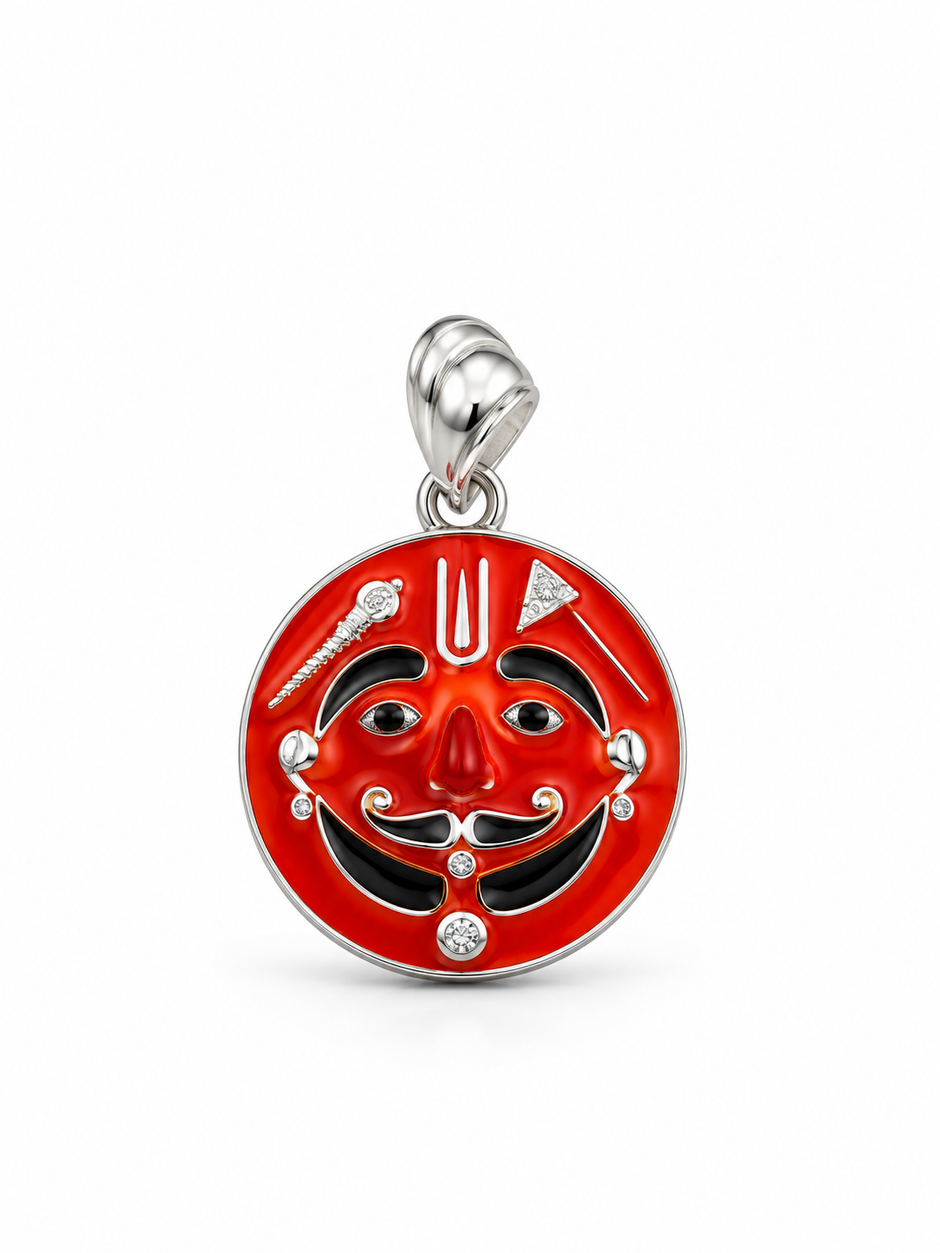 Bhavmayi Red Enamel Smiling Face Round Pendant with Silver-Tone Detailing