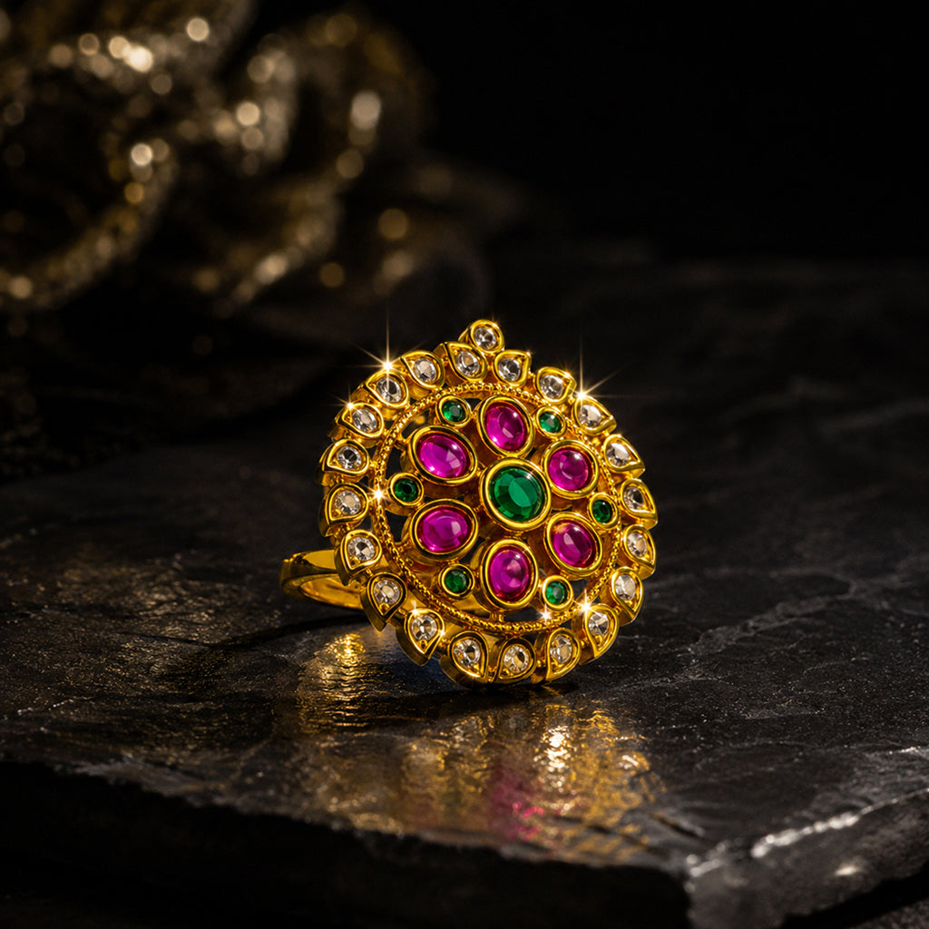 Bhavmayi Gold-Plated Multicolor Kundan Statement Ring