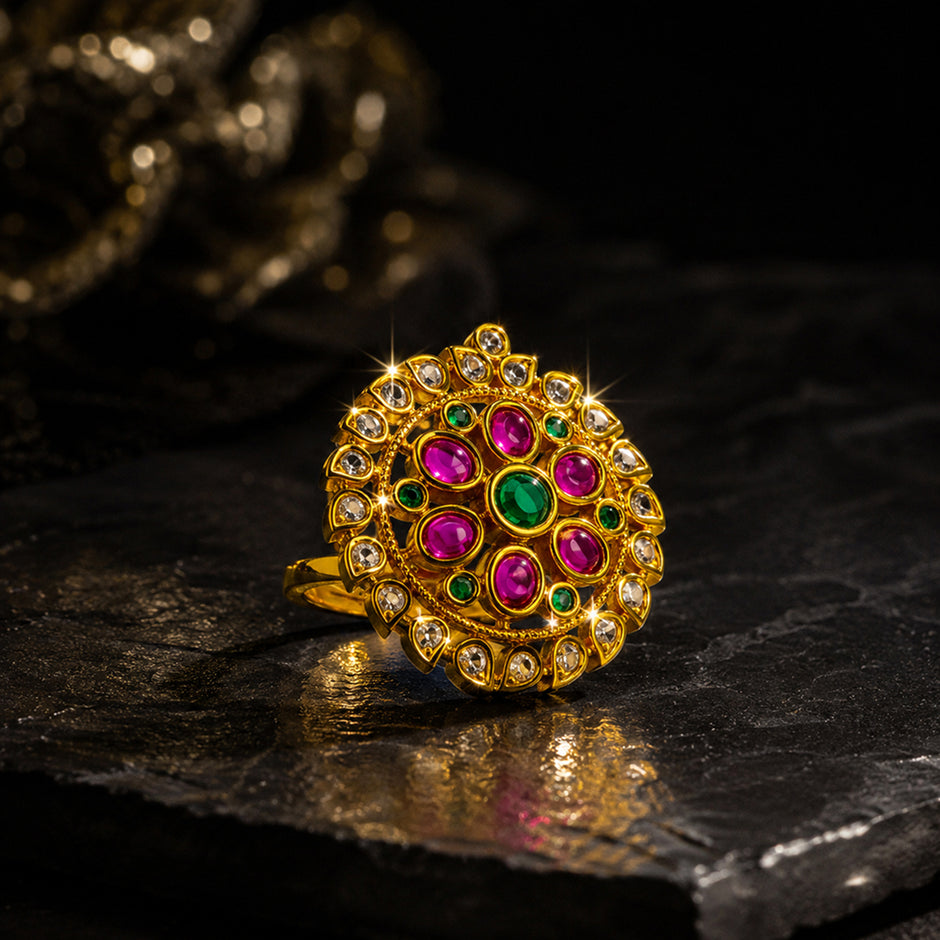 Bhavmayi Gold-Plated Multicolor Kundan Statement Ring