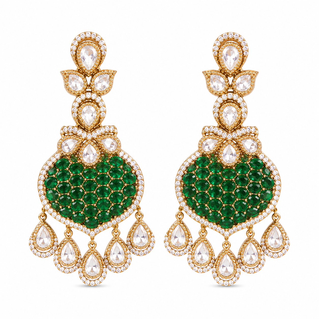 Bhavmayi Gold Plated Emerald Green Pave Shield Chandelier Earrings with Halo-Set Teardrop Dangles
