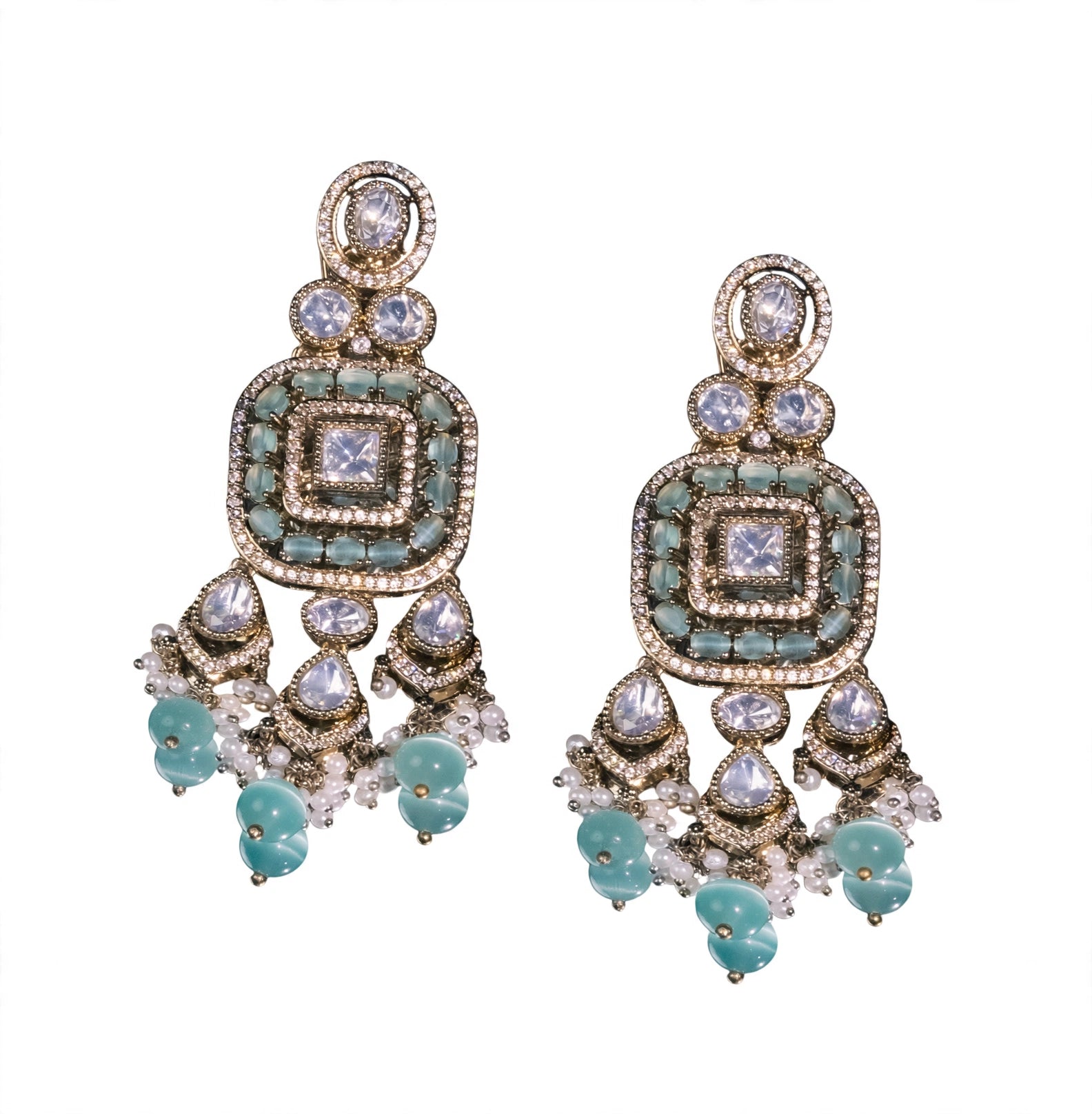Bhavmayi Antique Gold Mint Green Cats-Eye Gemstone & Uncut Polki Kundan Statement Earrings with Seed Pearl Clusters