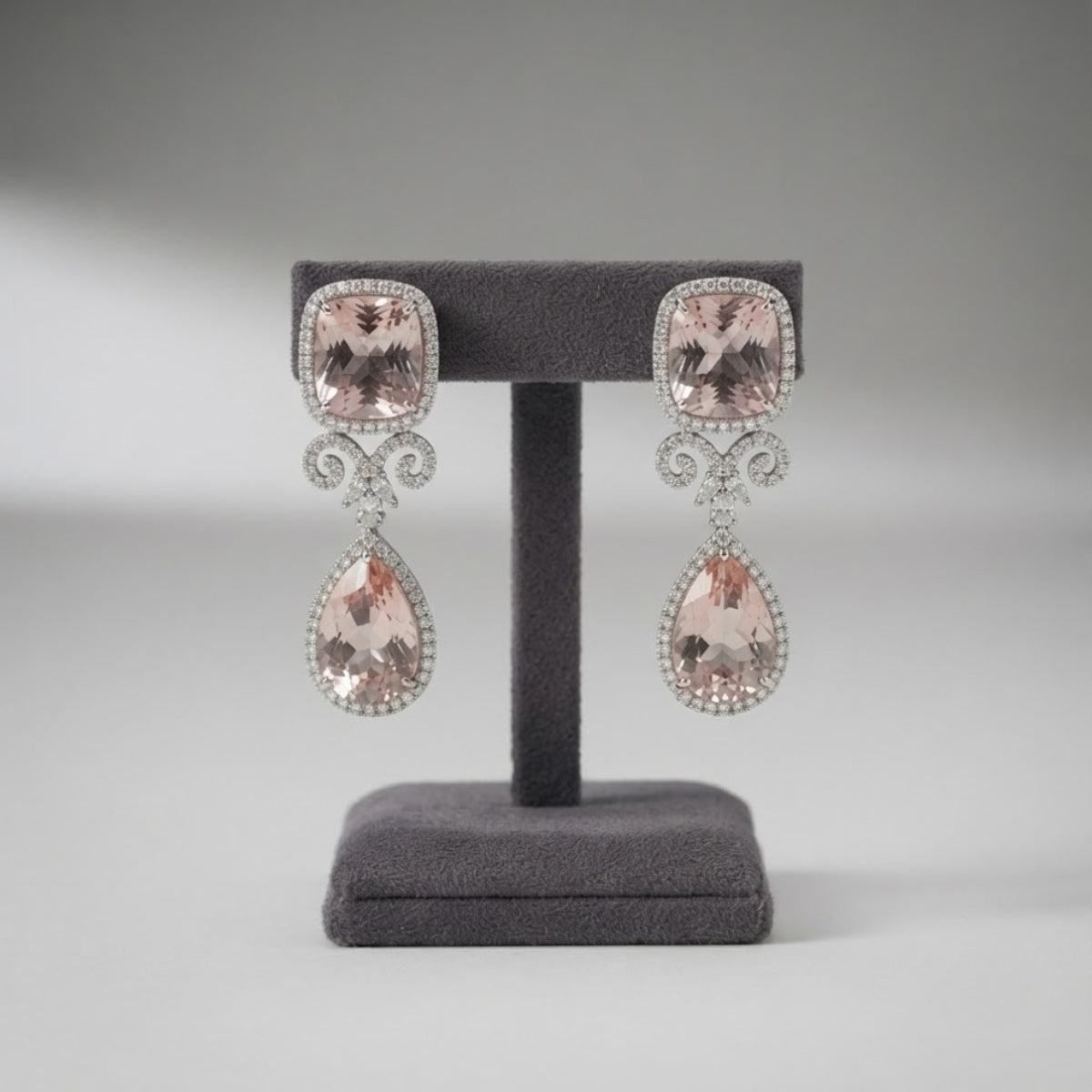 Bhavmayi Royal Diamonds and Blush Pink Cushion Stone Necklace Set with Pink Teardrop & Cushion Stone  Diamond Style Statement Earrings