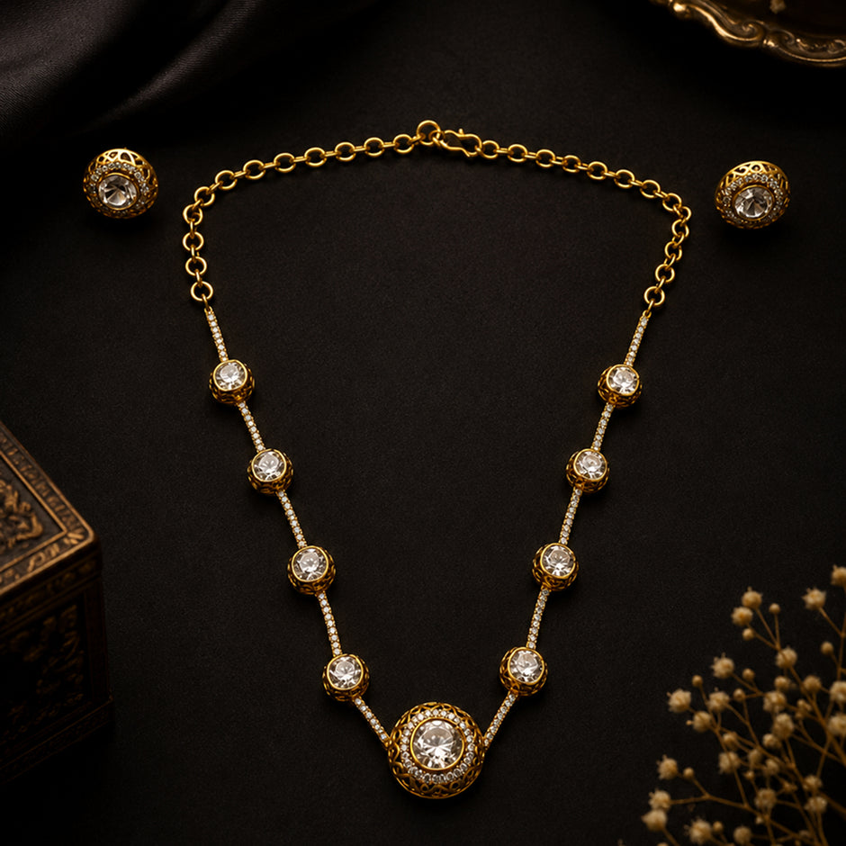 Bhavmayi Elegant Gold CZ Round Stone Necklace & Earring Set