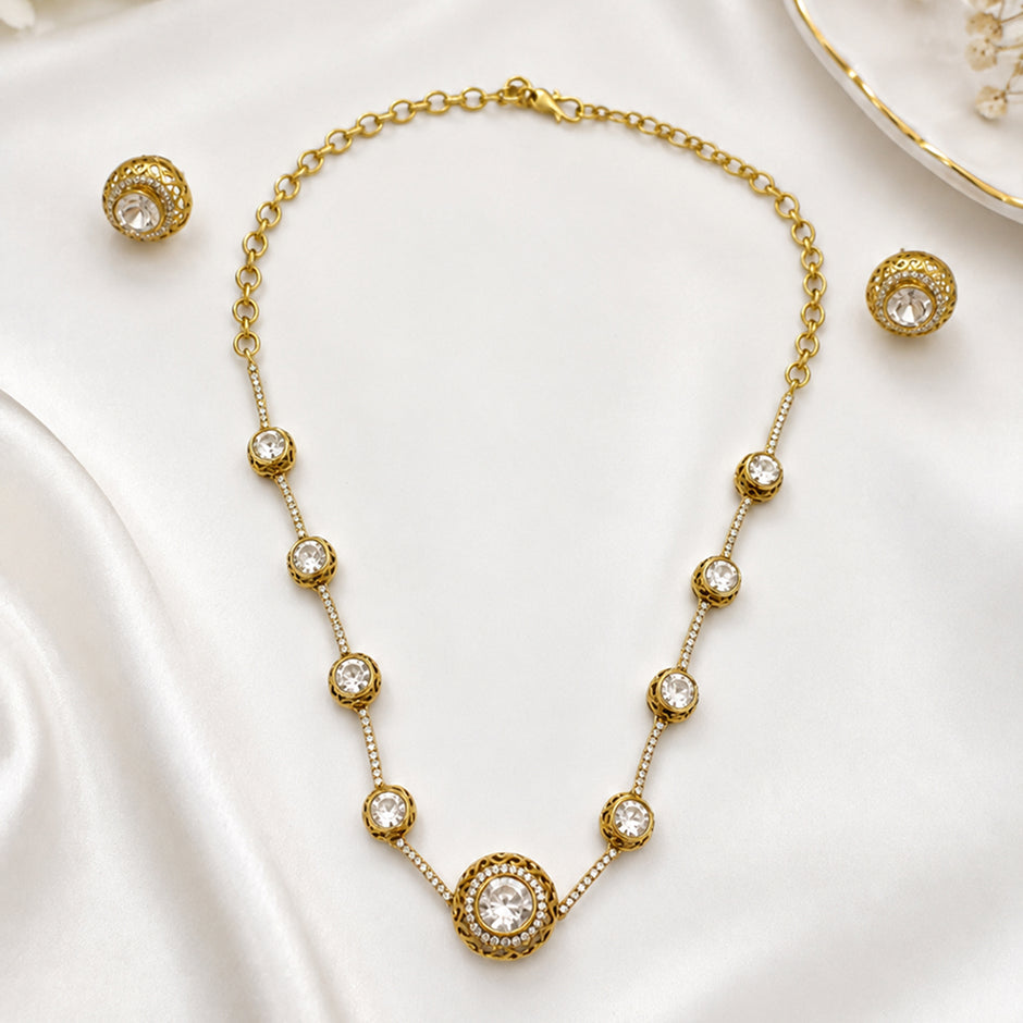 Bhavmayi Elegant Gold CZ Round Stone Necklace & Earring Set