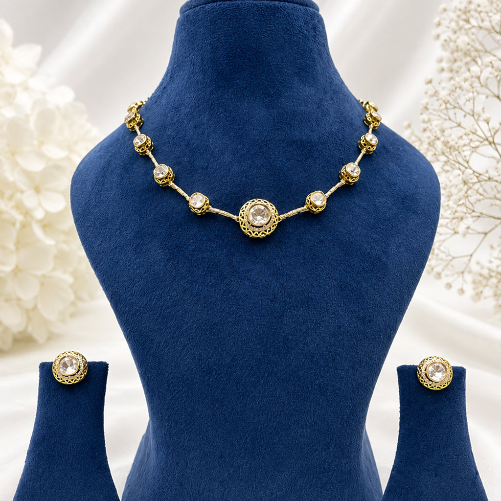 Bhavmayi Elegant Gold CZ Round Stone Necklace & Earring Set