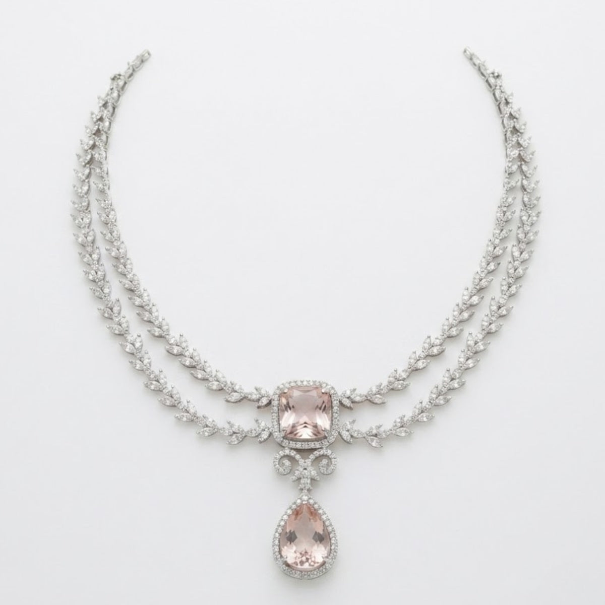 Bhavmayi Royal Diamonds and Blush Pink Cushion Stone Necklace Set with Pink Teardrop & Cushion Stone  Diamond Style Statement Earrings