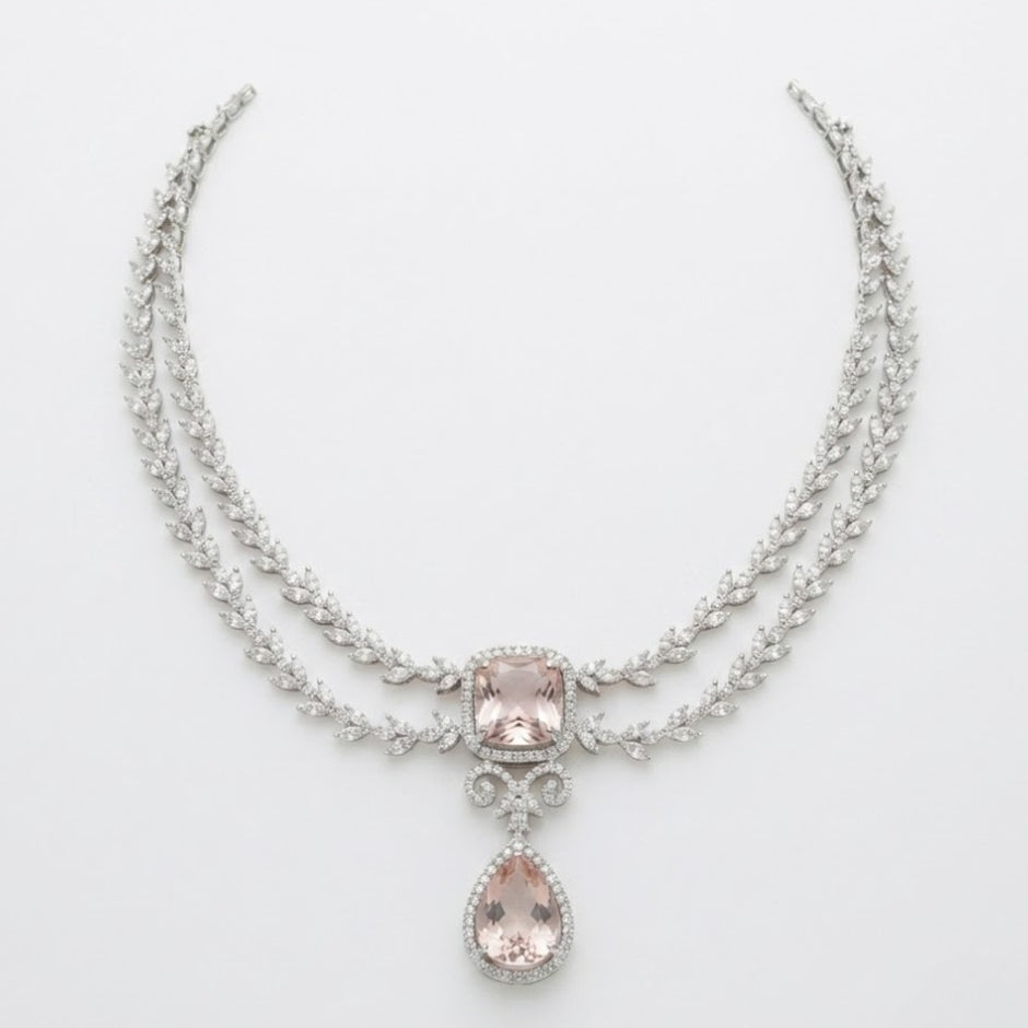 Bhavmayi Royal Diamonds and Blush Pink Cushion Stone Necklace Set with Pink Teardrop & Cushion Stone  Diamond Style Statement Earrings