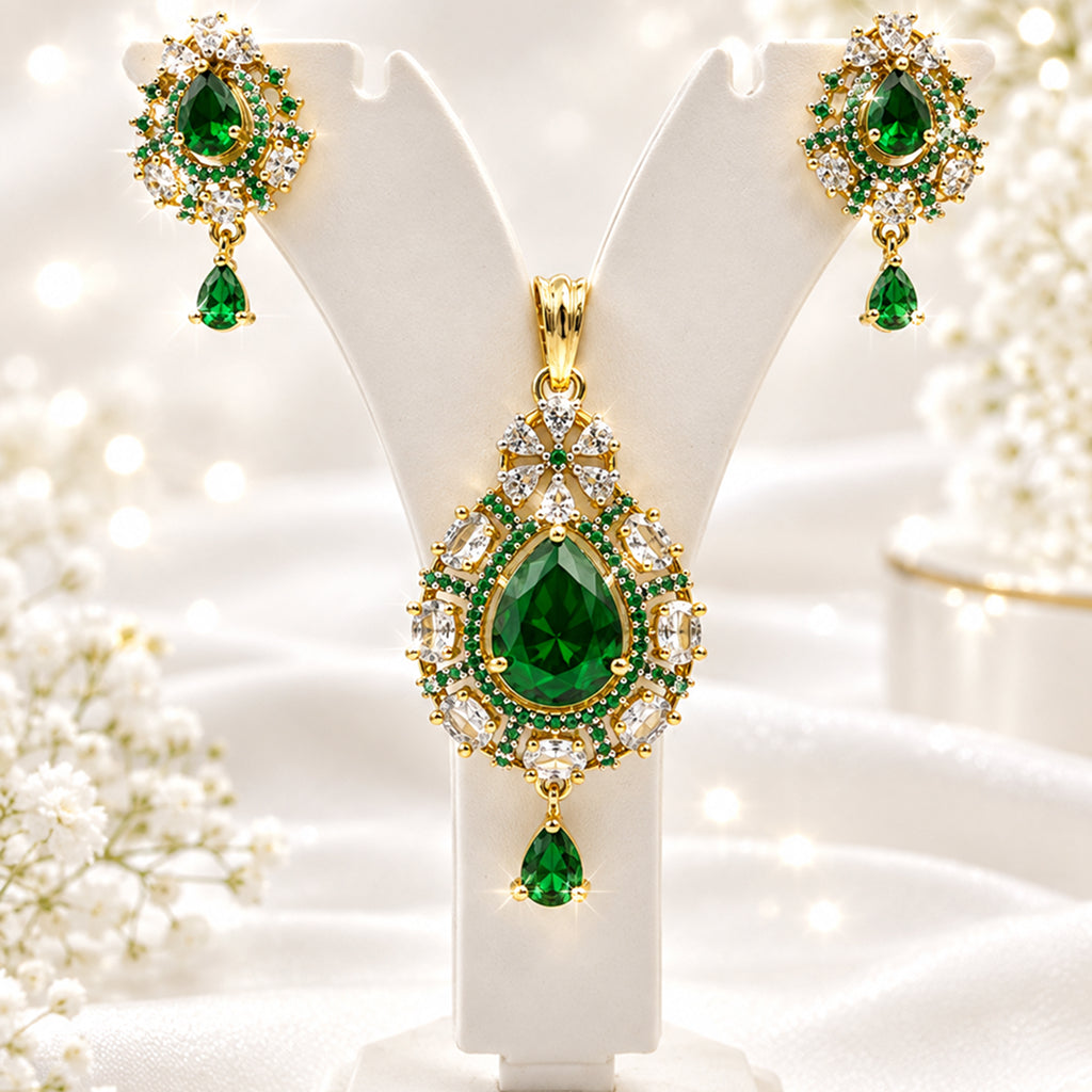 Bhavmayi Gold-Plated Green Emerald Pendant & Earrings Set