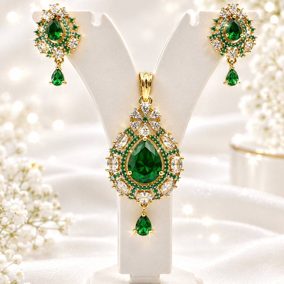 Bhavmayi Gold-Plated Green Emerald Pendant & Earrings Set