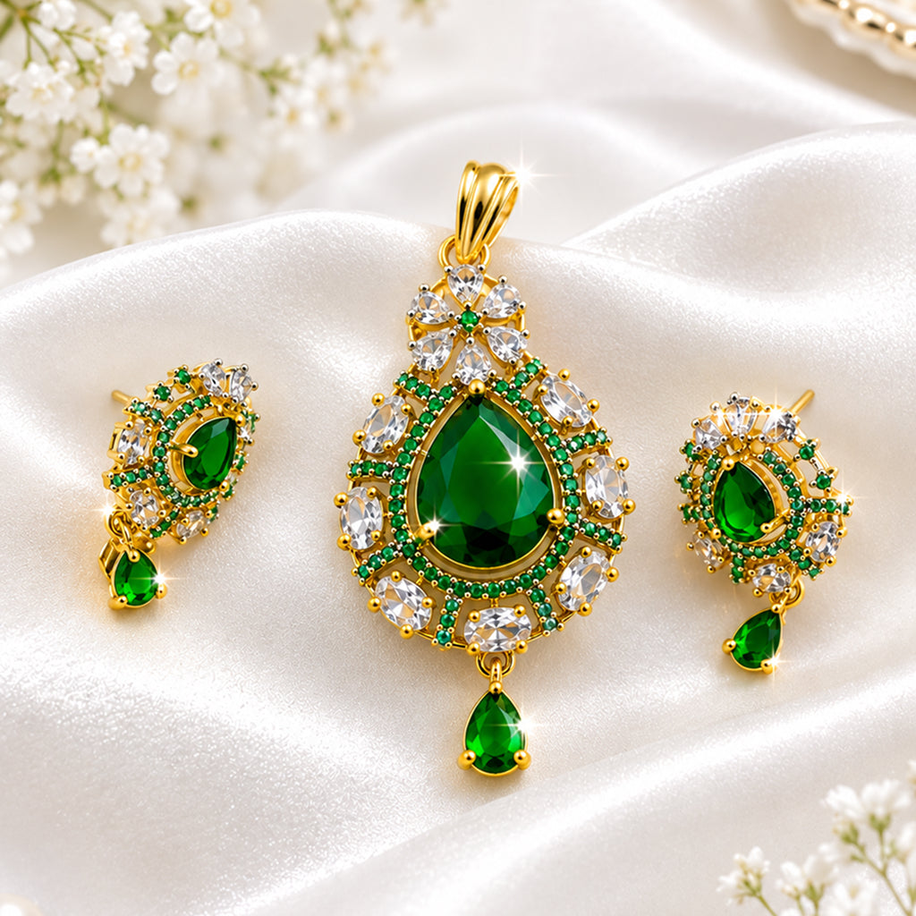Bhavmayi Gold-Plated Green Emerald Pendant & Earrings Set