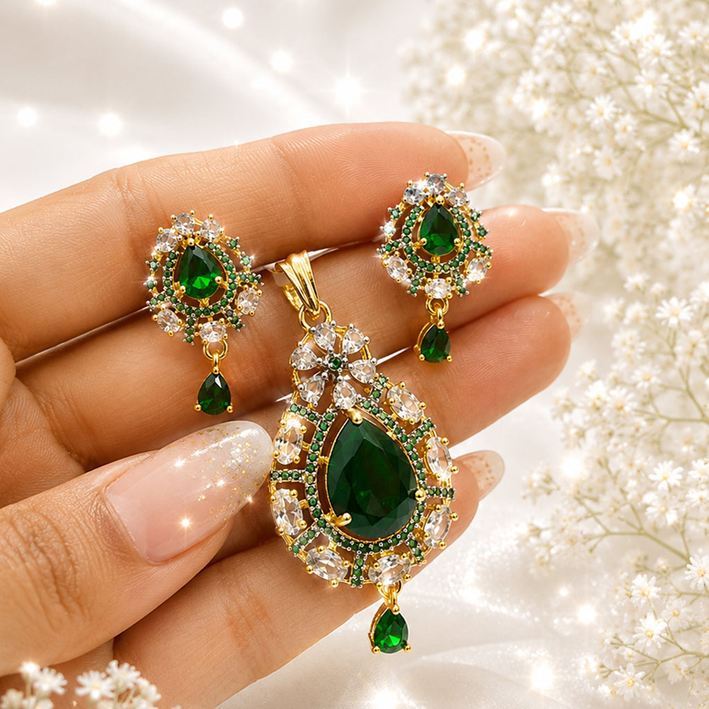 Bhavmayi Gold-Plated Green Emerald Pendant & Earrings Set