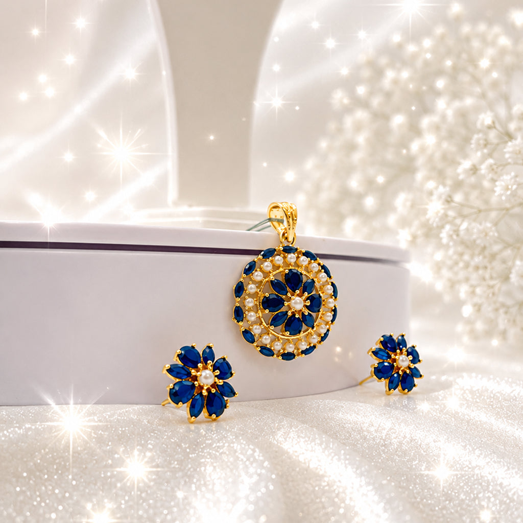 Bhavmayi Gold-Plated Blue Floral Pendant & Stud Earrings Set