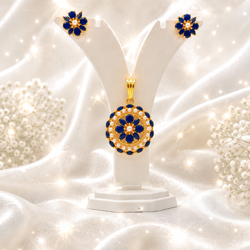 Bhavmayi Gold-Plated Blue Floral Pendant & Stud Earrings Set