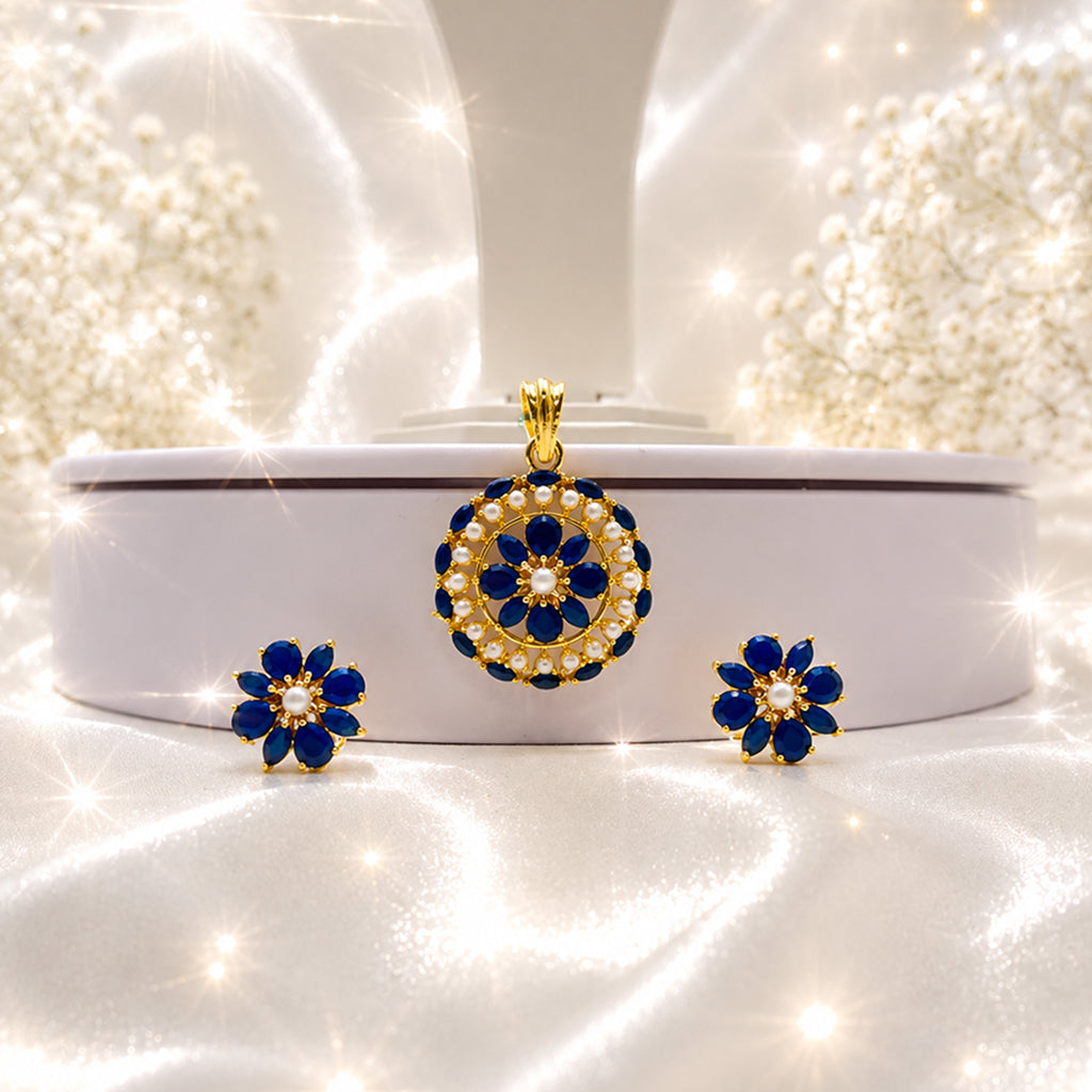 Bhavmayi Gold-Plated Blue Floral Pendant & Stud Earrings Set